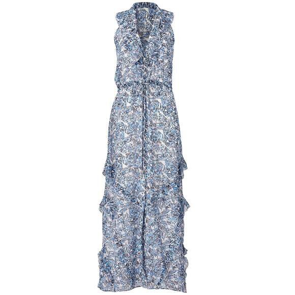 Saloni Lizzie Silk Maxi Dress Blue Ruffle Floral Sleeveless V Neck Tie Waist XS - Picture 1 of 14
